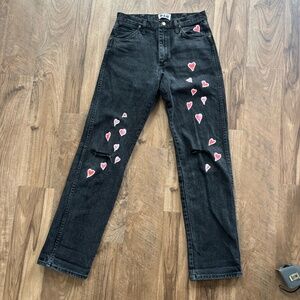 Washed Black Vintage Wrangler Jeans - Upcycled with Heart Decals - One-of-a-Kind